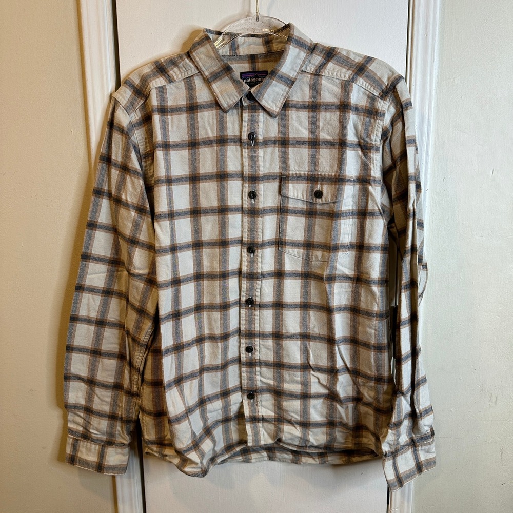 Patagonia Mens Organic Cotton Plaid Flannel Button Down Shirt Tan Brown Medium